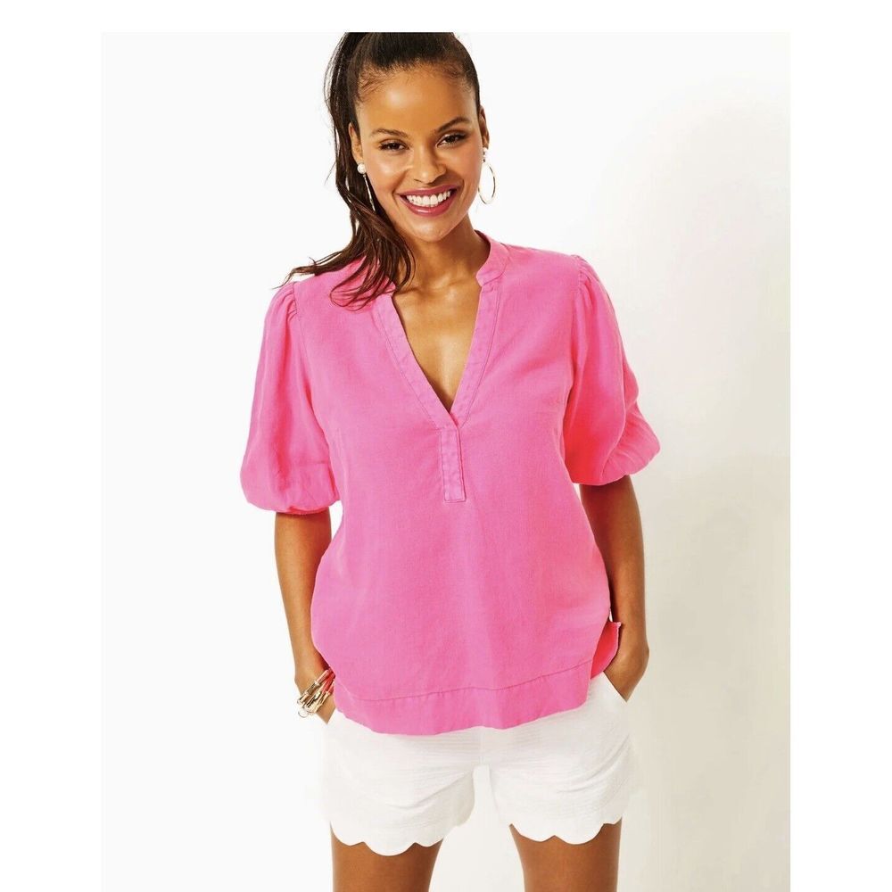 Lilly Pulitzer Womens Mialeigh 100% Linen V-neck 3/4 Sleeve in Pink Size 6
